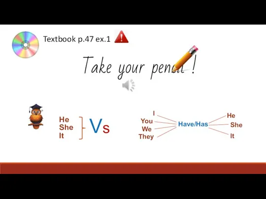 Textbook p.47 ex.1 Take your pencil ! Have/Has They You We I He She It