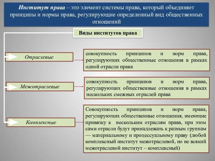 Институт права – это элемент системы права, который объединяет принципы и