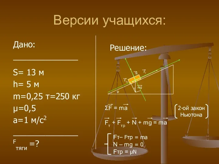 Версии учащихся: Дано: ______________ S= 13 м h= 5 м m=0,25