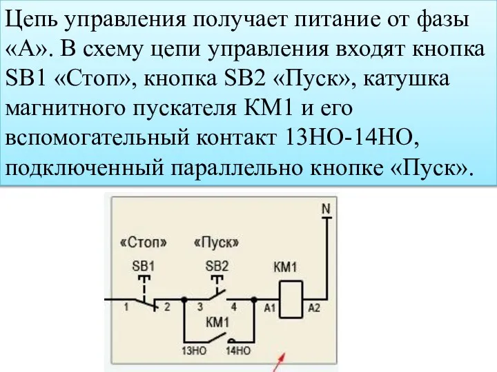 Цепь управления получает питание от фазы «А». В схему цепи управления