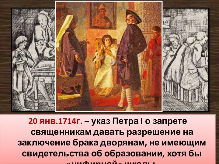 20 янв.1714г. – указ Петра I о запрете священникам давать разрешение