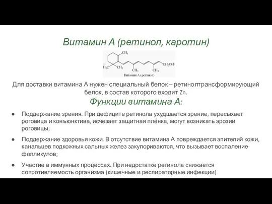 Витамин А (ретинол, каротин) Для доставки витамина А нужен специальный белок