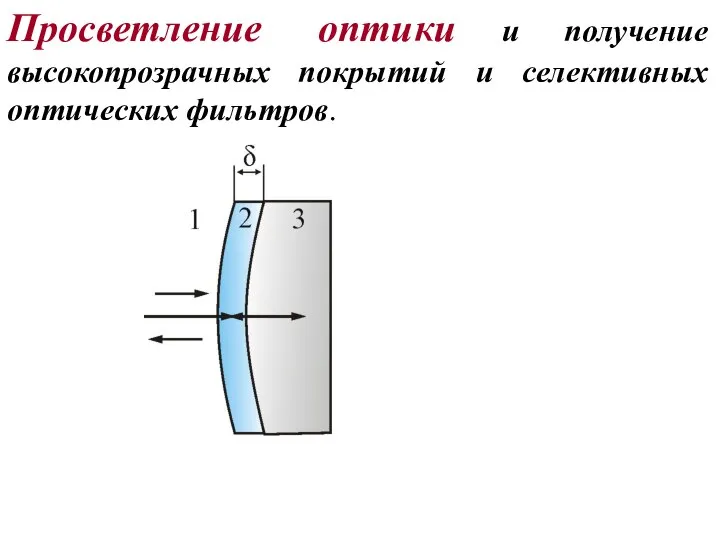 Просветление оптики и получение высокопрозрачных покрытий и селективных оптических фильтров.