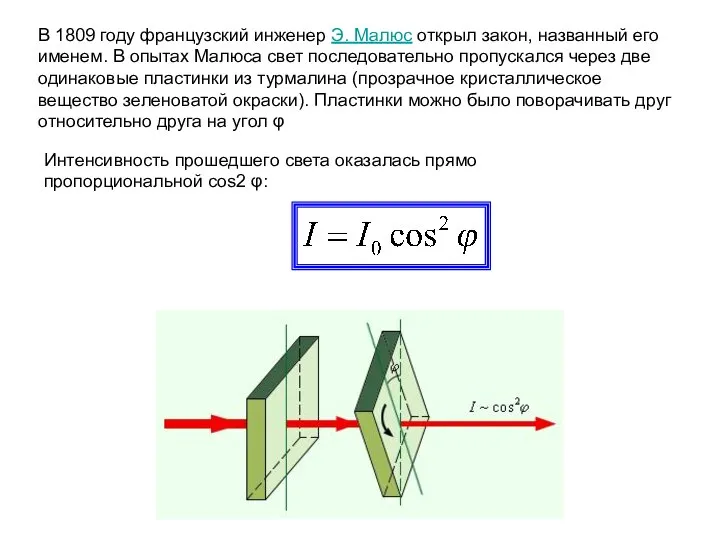 В 1809 году французский инженер Э. Малюс открыл закон, названный его