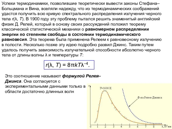 Успехи термодинамики, позволившие теоретически вывести законы Стефана–Больцмана и Вина, вселяли надежду,