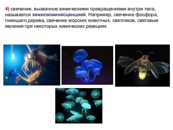 4) свечение, вызванное химическими превращениями внутри тела, называется хемилюминесценцией. Например, свечение