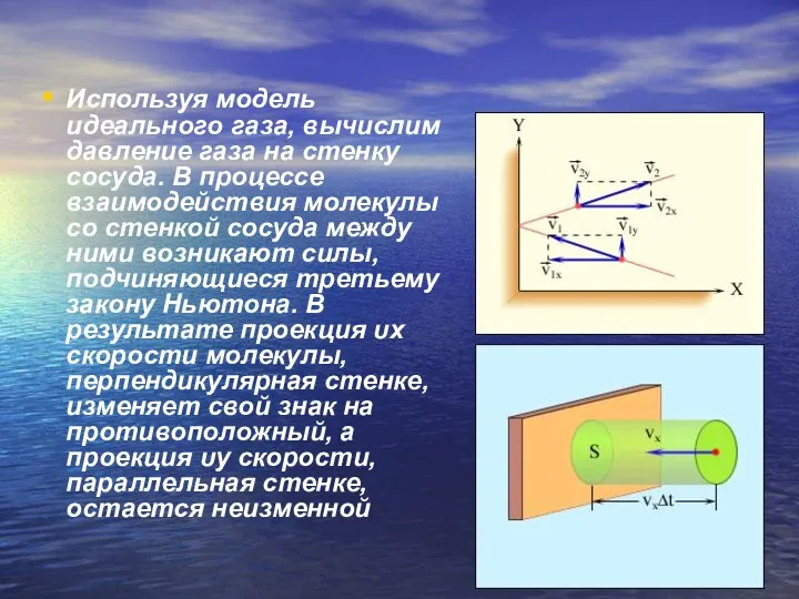 Используя модель идеального газа, вычислим давление газа на стенку сосуда. В