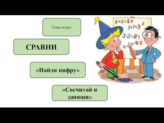 Темы игры: СРАВНИ «Найди цифру» «Сосчитай и запиши»