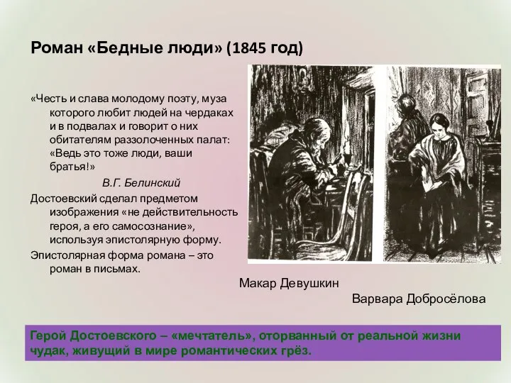 Роман «Бедные люди» (1845 год) «Честь и слава молодому поэту, муза
