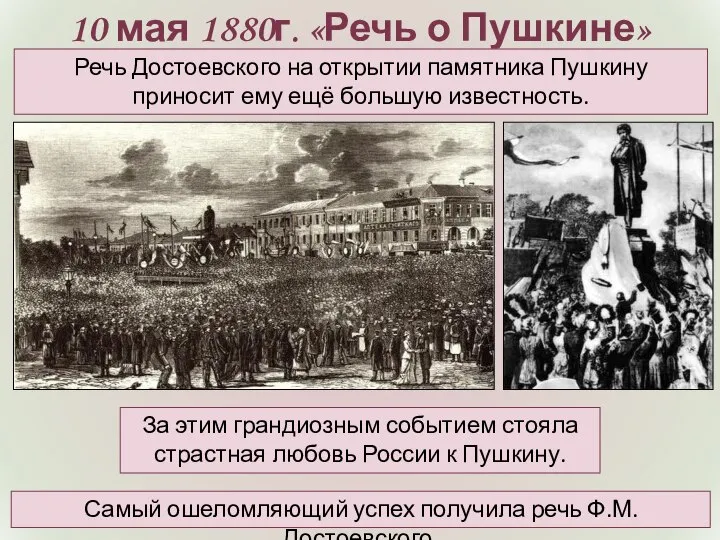 10 мая 1880г. «Речь о Пушкине» Речь Достоевского на открытии памятника