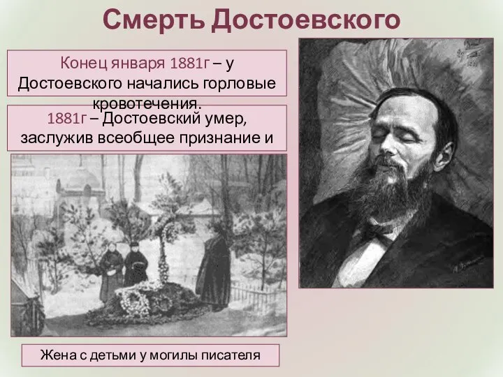 Смерть Достоевского 1881г – Достоевский умер, заслужив всеобщее признание и почитание.