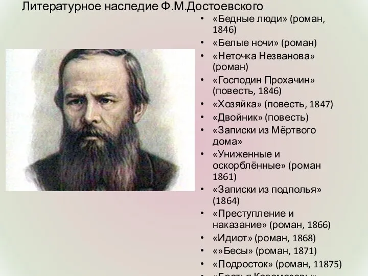 Литературное наследие Ф.М.Достоевского «Бедные люди» (роман, 1846) «Белые ночи» (роман) «Неточка