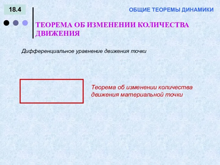 18.4 ОБЩИЕ ТЕОРЕМЫ ДИНАМИКИ ТЕОРЕМА ОБ ИЗМЕНЕНИИ КОЛИЧЕСТВА ДВИЖЕНИЯ Дифференциальное уравнение движения точки