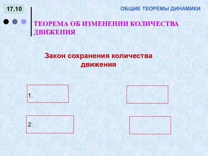 17.10 ОБЩИЕ ТЕОРЕМЫ ДИНАМИКИ Закон сохранения количества движения ТЕОРЕМА ОБ ИЗМЕНЕНИИ КОЛИЧЕСТВА ДВИЖЕНИЯ 1. 2.