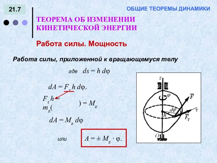 21.7 ТЕОРЕМА ОБ ИЗМЕНЕНИИ КИНЕТИЧЕСКОЙ ЭНЕРГИИ ОБЩИЕ ТЕОРЕМЫ ДИНАМИКИ Работа силы.