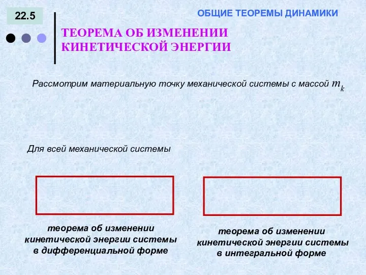 22.5 ТЕОРЕМА ОБ ИЗМЕНЕНИИ КИНЕТИЧЕСКОЙ ЭНЕРГИИ ОБЩИЕ ТЕОРЕМЫ ДИНАМИКИ Рассмотрим материальную