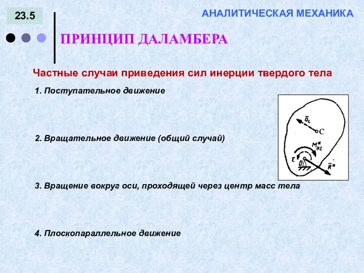 23.5 ПРИНЦИП ДАЛАМБЕРА АНАЛИТИЧЕСКАЯ МЕХАНИКА Частные случаи приведения сил инерции твердого