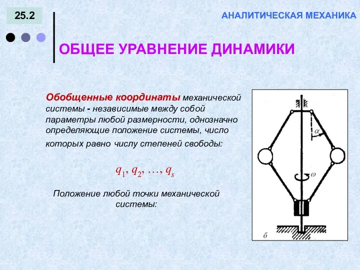 25.2 АНАЛИТИЧЕСКАЯ МЕХАНИКА ОБЩЕЕ УРАВНЕНИЕ ДИНАМИКИ Обобщенные координаты механической системы -