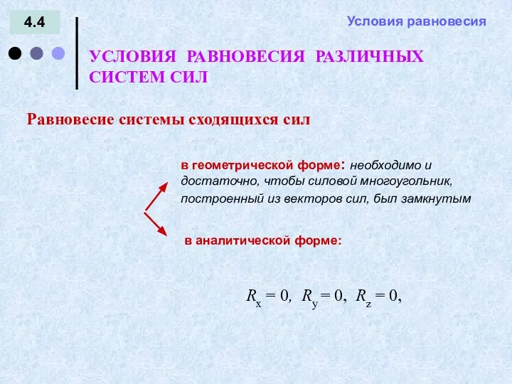 4.4 Условия равновесия УСЛОВИЯ РАВНОВЕСИЯ РАЗЛИЧНЫХ СИСТЕМ СИЛ Равновесие системы сходящихся