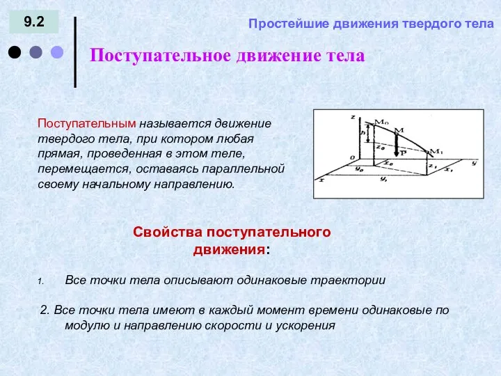 9.2 Поступательное движение тела Простейшие движения твердого тела Свойства поступательного движения: