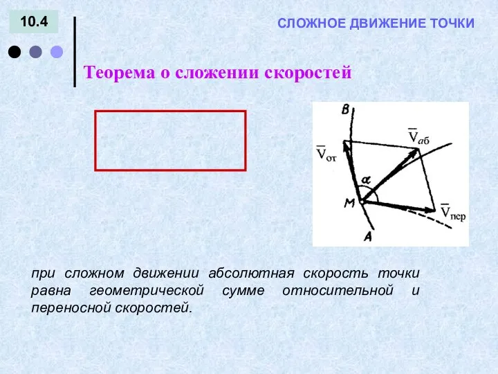 10.4 = - СЛОЖНОЕ ДВИЖЕНИЕ ТОЧКИ Теорема о сложении скоростей при