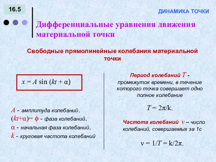 16.5 Дифференциальные уравнения движения материальной точки ДИНАМИКА ТОЧКИ Свободные прямолинейные колебания