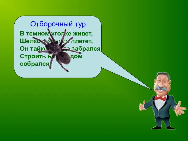 Отборочный тур. В темном уголке живет, Шелковую нить плетет, Он тайком