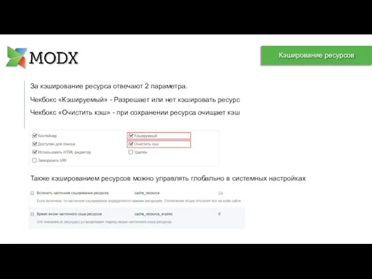 За кэширование ресурса отвечают 2 параметра. Чекбокс «Кэшируемый» - Разрешает или