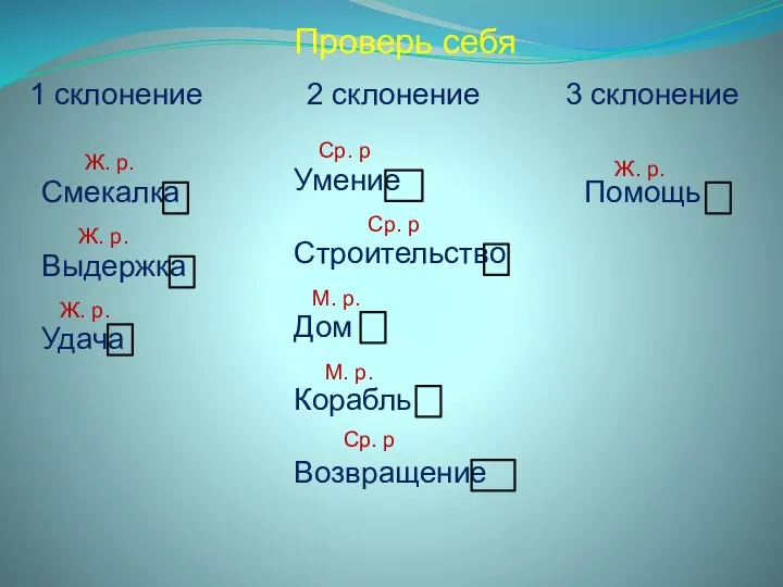 1 склонение 2 склонение 3 склонение Смекалка Выдержка Удача Ж. р.