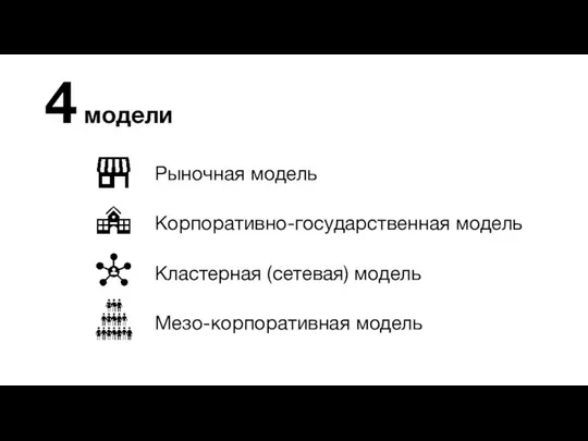 4 модели Рыночная модель Корпоративно-государственная модель Кластерная (сетевая) модель Мезо-корпоративная модель