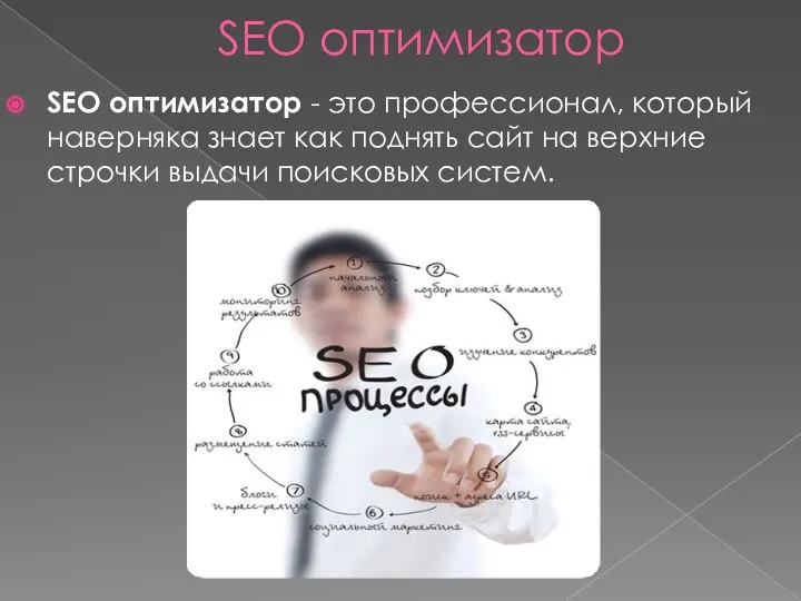 SEO оптимизатор SEO оптимизатор - это профессионал, который наверняка знает как