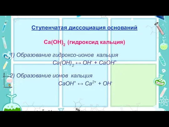 Ступенчатая диссоциация оснований Сa(OH)2 (гидроксид кальция) 1) Образование гидроксо-ионов кальция Сa(OH)2