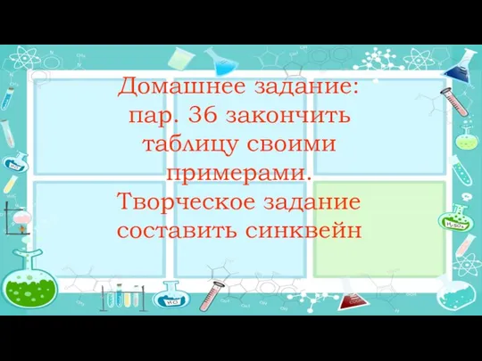 Домашнее задание: пар. 36 закончить таблицу своими примерами. Творческое задание составить синквейн