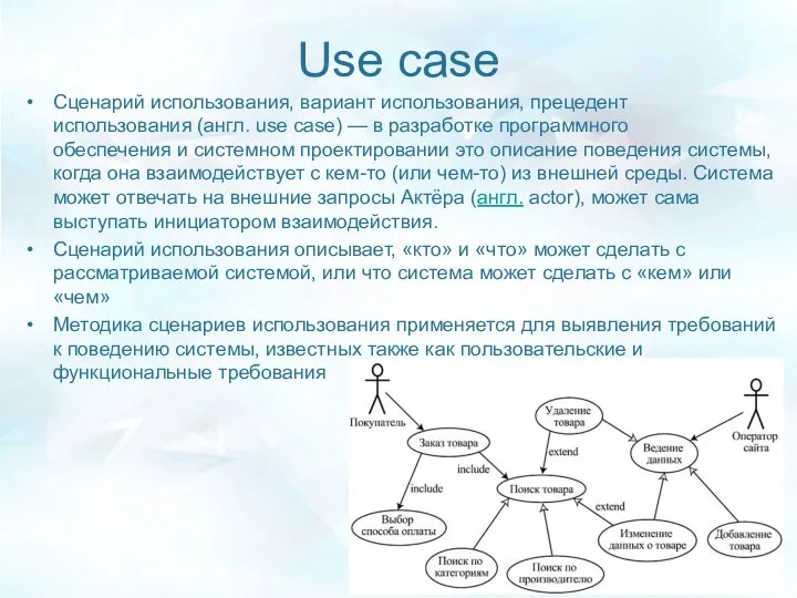 Use case Сценарий использования, вариант использования, прецедент использования (англ. use case)