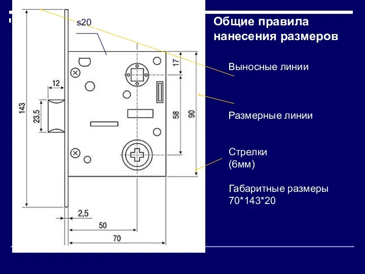 Выносные линии Размерные линии Стрелки (6мм) Габаритные размеры 70*143*20 s20 Общие правила нанесения размеров