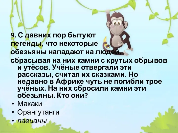 9. С давних пор бытуют легенды, что некоторые обезьяны нападают на