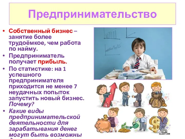 Предпринимательство Собственный бизнес – занятие более трудоёмкое, чем работа по найму.