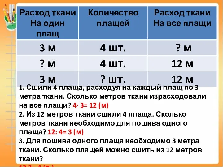 1. Сшили 4 плаща, расходуя на каждый плащ по 3 метра