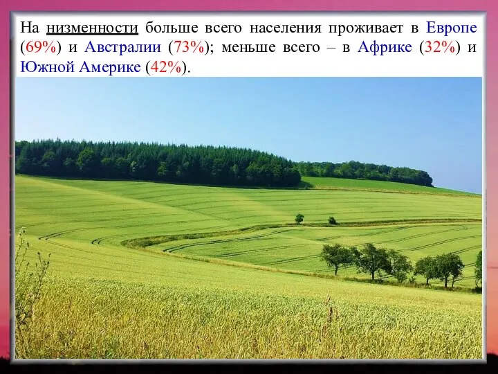 На низменности больше всего населения проживает в Европе (69%) и Австралии