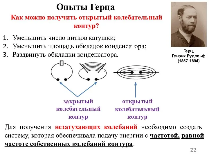 Опыты Герца Как можно получить открытый колебательный контур? закрытый колебательный контур