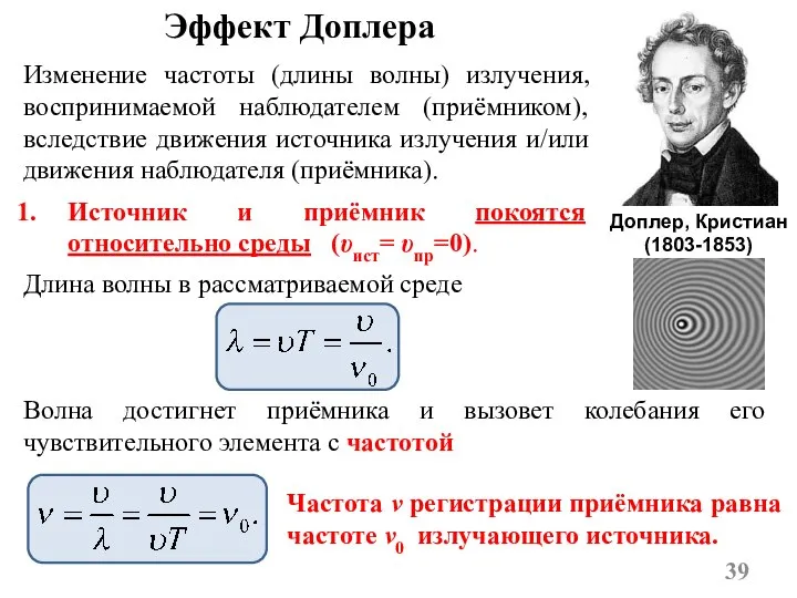 Эффект Доплера Источник и приёмник покоятся относительно среды (υист= υпр=0). Длина