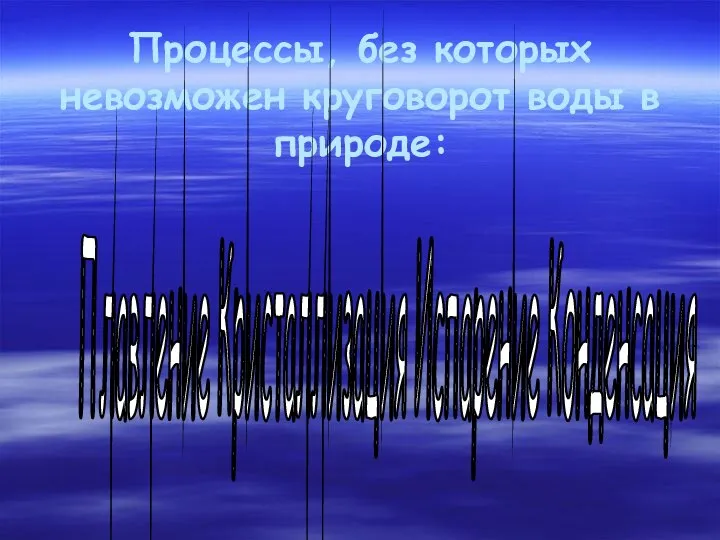 Процессы, без которых невозможен круговорот воды в природе: Плавление Кристаллизация Испарение Конденсация