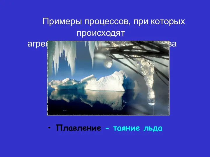 Примеры процессов, при которых происходят агрегатные превращения вещества Плавление - таяние льда