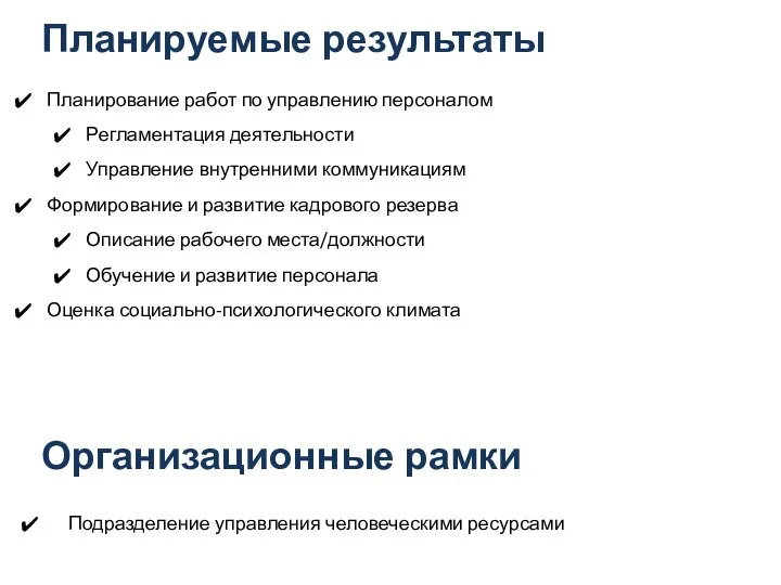 Планируемые результаты Планирование работ по управлению персоналом Регламентация деятельности Управление внутренними