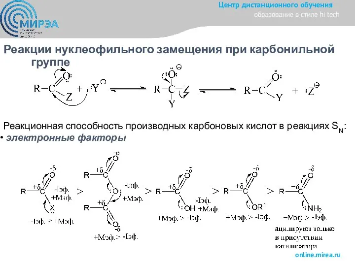 Реакции нуклеофильного замещения при карбонильной группе Реакционная способность производных карбоновых кислот в реакциях SN: электронные факторы