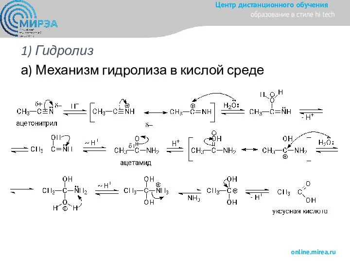 1) Гидролиз а) Механизм гидролиза в кислой среде