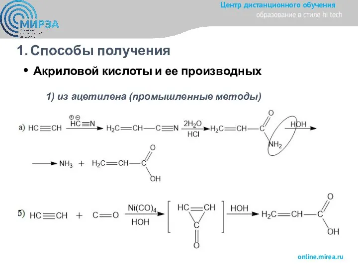 Способы получения Акриловой кислоты и ее производных 1) из ацетилена (промышленные методы)