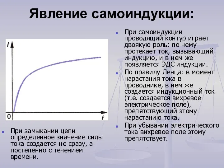 Явление самоиндукции: При замыкании цепи определенное значение силы тока создается не