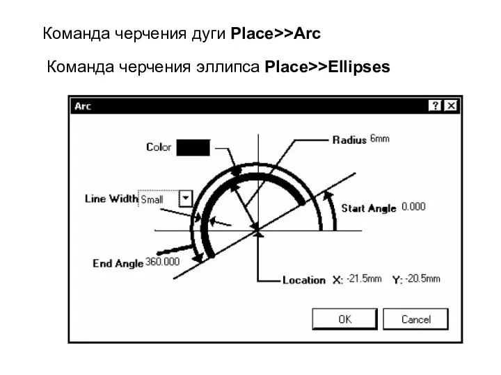 Команда черчения дуги Place>>Arc Команда черчения эллипса Place>>Ellipses