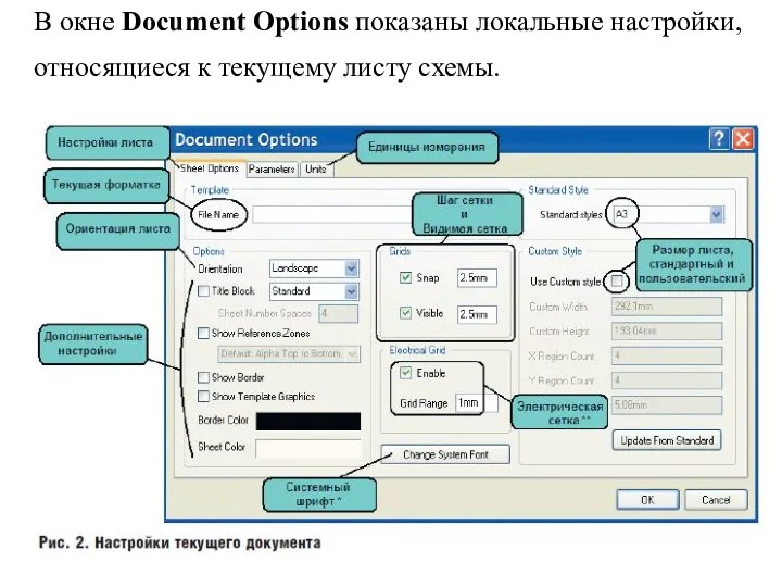 В окне Document Options показаны локальные настройки, относящиеся к текущему листу схемы.